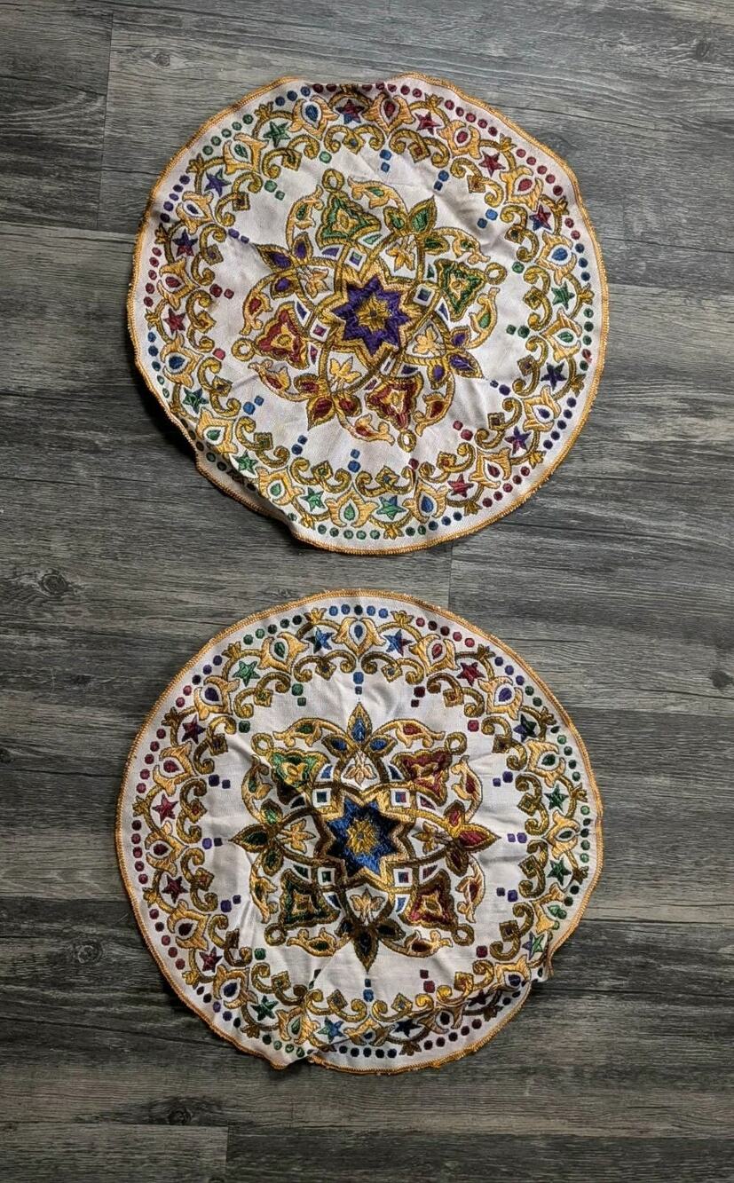 2 Vintage Cross Stitch Round Small Table Toppers Decor Handmade Placemats 13"